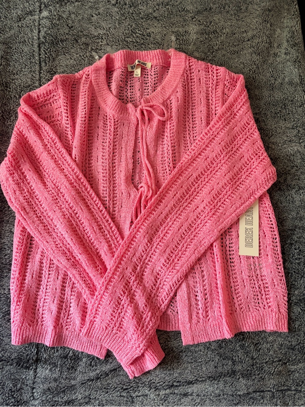 Derek Heart Bright Pink Openwork Tie-Front Cardigan